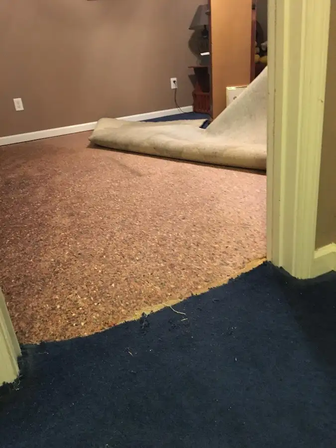 Carpet pad removal revealing water damage during Drying & Dehumidification in Woodcliff Lake